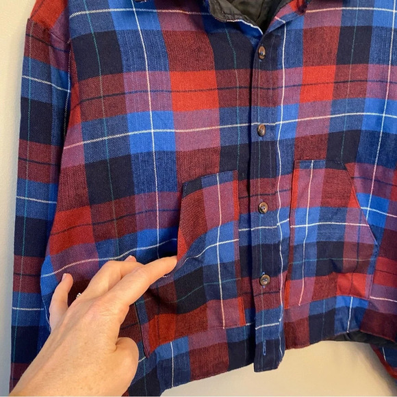 LUMBER JACK flannel top Size button up crop quilted lining red blue plaid - Picture 3 of 12